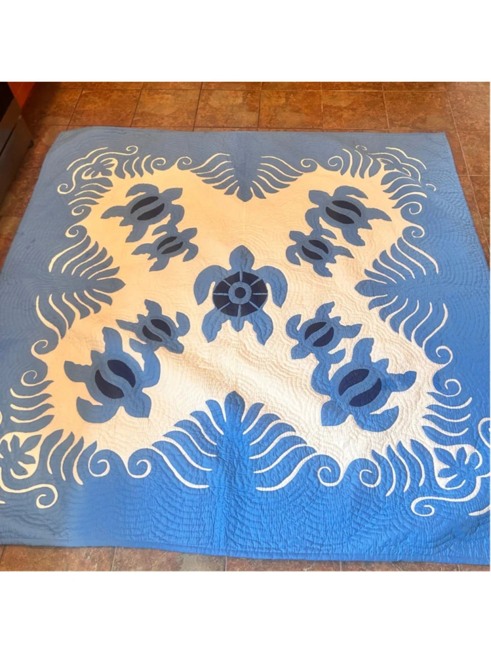 VTG Hand quilted Full Queen Quilt Tropical Turtle Hawaiian Island Farmhouse